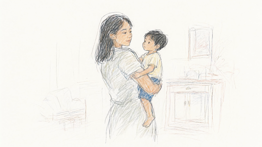 Pencil drawing: a mother carrying her small son on her hip in a quiet kitchen, both faces drawn.