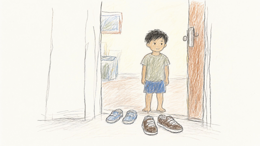 Pencil drawing: a small barefoot boy standing in an open doorway between a pair of small blue shoes and a pair of grown-up brown ones.